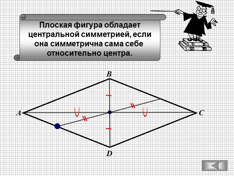 Плоская фигура обладает центральной симметрией, если она симметрична сама себе  относительно центра. С